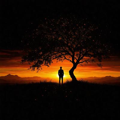 The primary subject of the image is a man standing under a tree. The setting is a field with a beautiful sunset in the background. The visual style is a painting, which adds a sense of artistic expression to the scene. The colors and mood of the image are warm and serene, with the sunset casting a warm glow over the landscape.